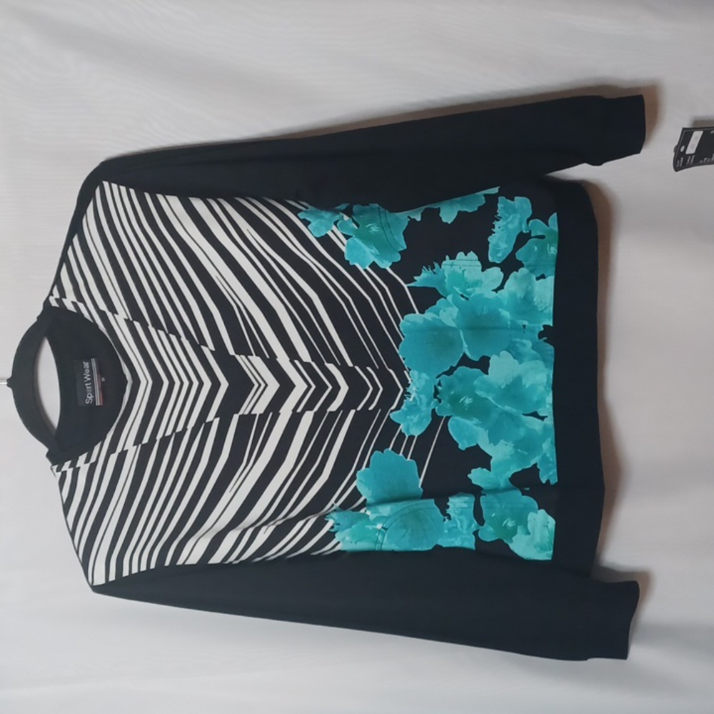 Sportswear Women's Black With White Stripe and Blue Floral Top. 3X